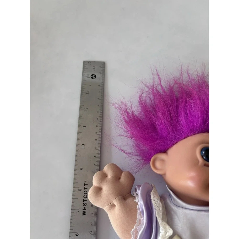 Russ Berrie Vintage Troll Doll Purple Satin Dress Purse Soft Body Blue Eyes 3330